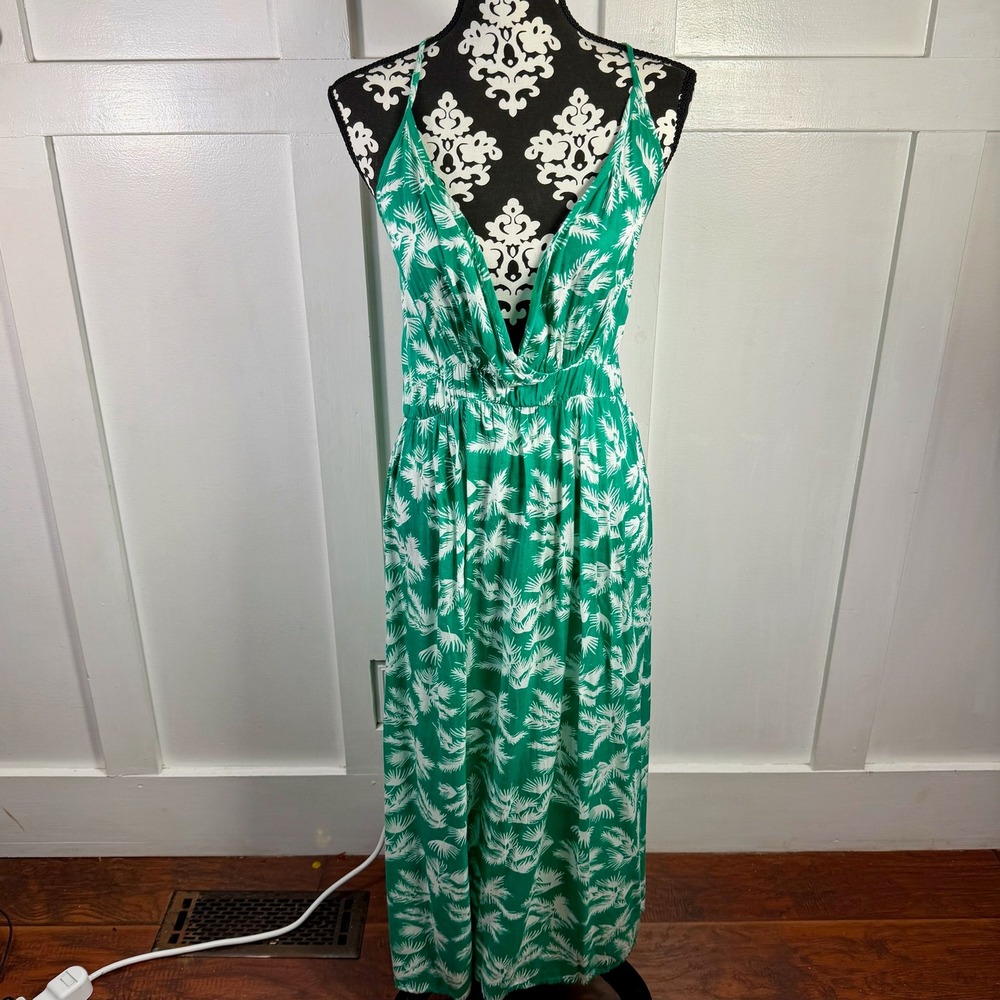 Island Beach Green White Palm Leaf Print Maxi Dress Halter‎ Neck Flowy Size L
